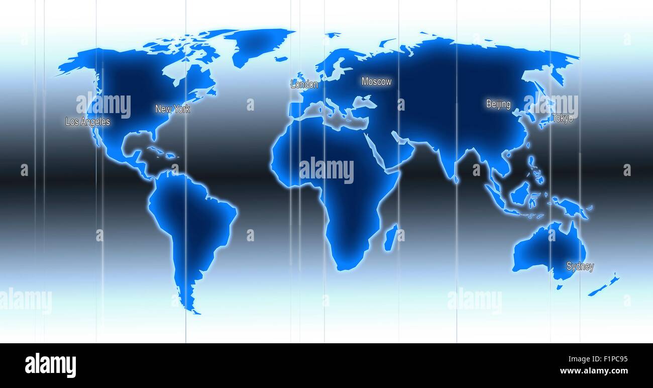 Computer artwork of a world map illustration with indicated time zones and locations of Los Angeles New York London Moscow Stock Photo