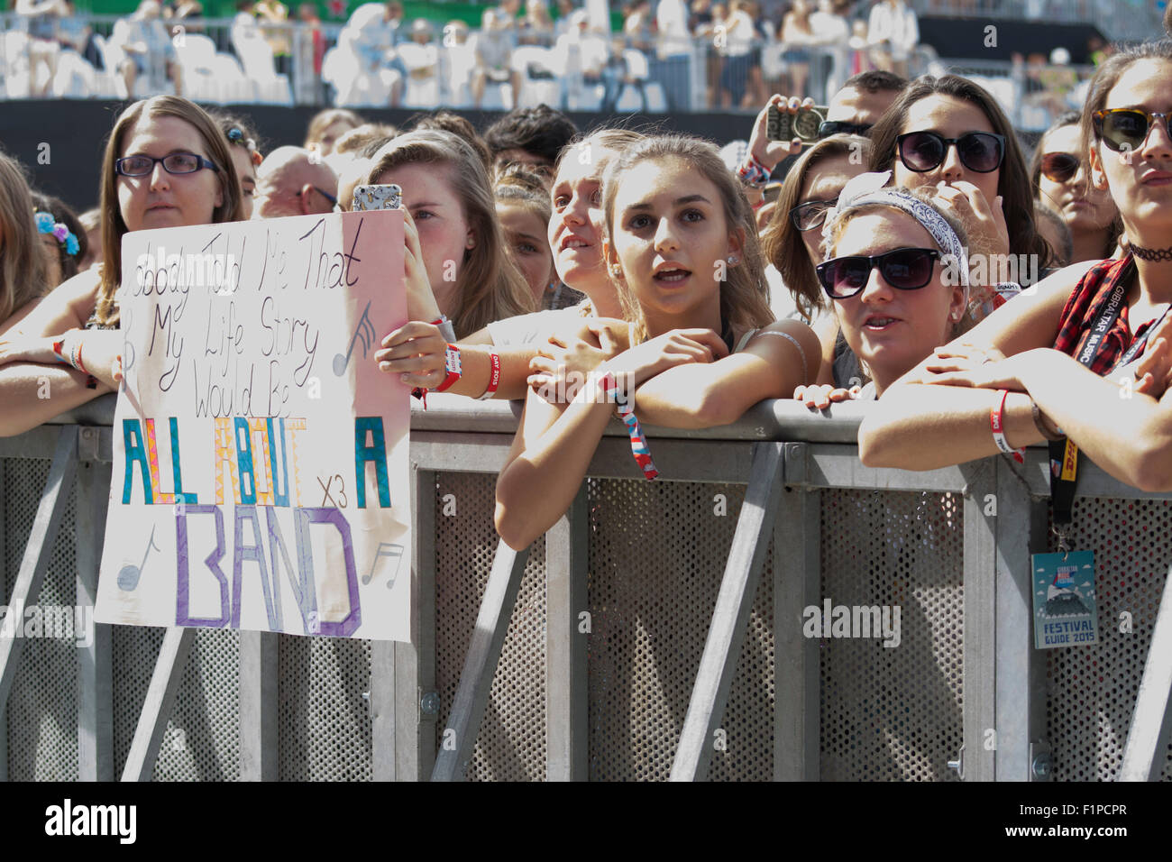 Gibraltar. 5th September, 2015. The Gibraltar Music Festival started today at the Victoria Stadium with 3 main stages providing international and local acts to a capacity crowd. Among the line -up today were Little Mix, Union J, Tom Odell, Paloma Faith, Duran Duran, Hudson Taylor, The Feeling, Third World, Lawson and Spanish group Estopa. Local groups included Karma 13, After Hours with Tim Garcia, This Side UP, Guy Valarino, Midriff, Mo Anton, Angel Wings, Super Wookie, Coup d etat and Gibfloyd. Stock Photo
