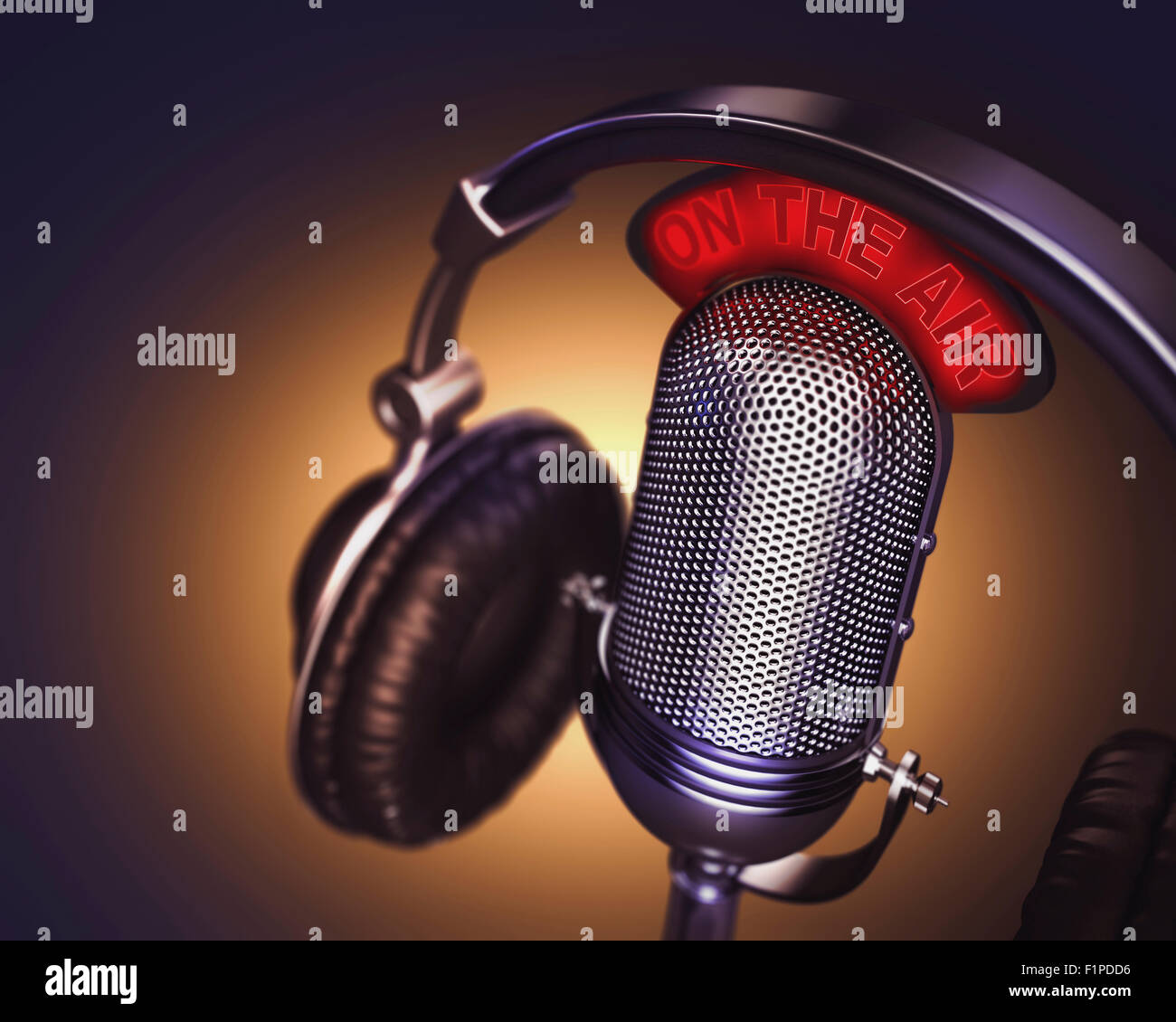 Vintage microphone and headphones, computer illustration. Stock Photo