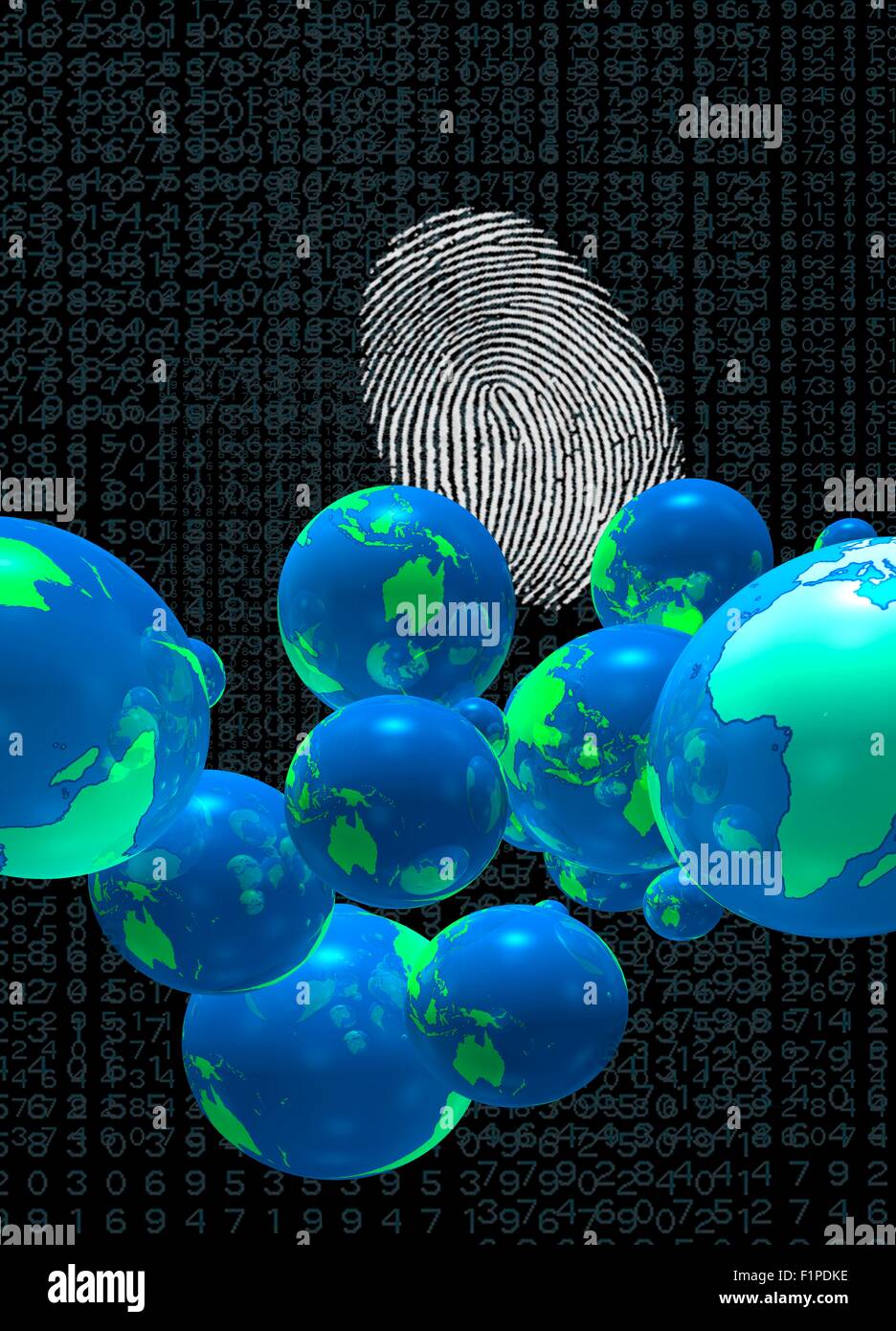Finger print and globes, computer illustration. Stock Photo