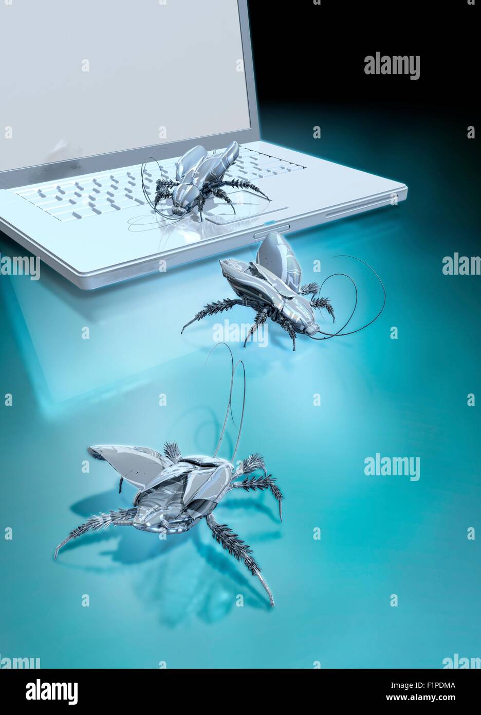 Robotic bugs and a laptop, computer illustration. Stock Photo