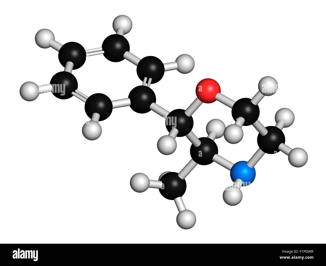 Phenmetrazine stimulant drug molecule (amphetamine class) Used as stimulant and appetite suppressant Atoms are represented as Stock Photo