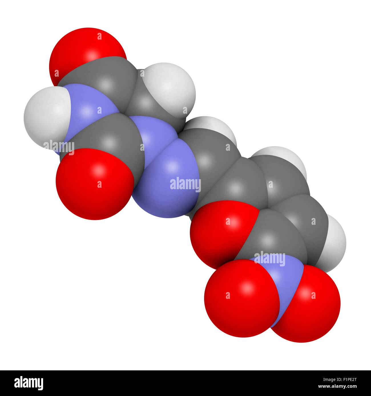 Nitrofurantoin antibiotic drug molecule Used to treat urinary tract infections (UTI) Atoms are