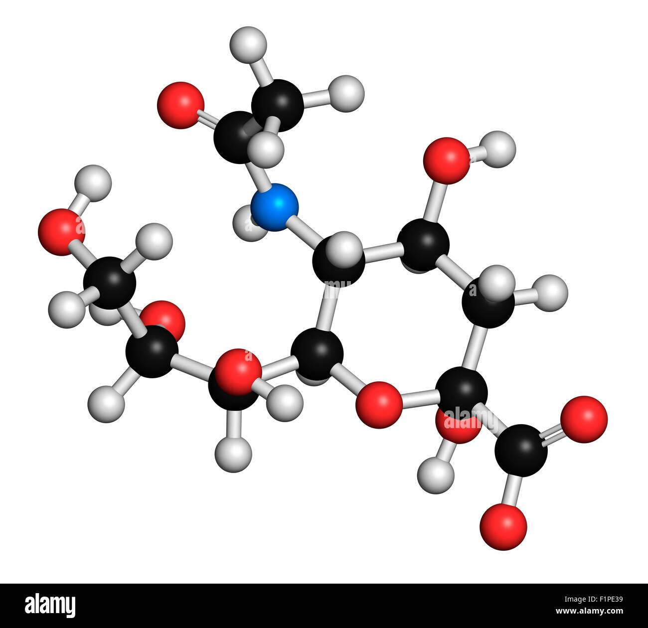 Sialic acid (N-acetylneuraminic acid Neu5Ac NANA) molecule Atoms are represented as spheres with conventional colour coding: Stock Photo