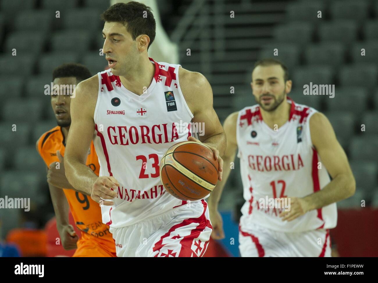 Zagreb, Croatia. 5th Sep, 2015. Tornike Shengelia (C) of Georgia competes during the EuroBasket 2015 Group C match against the Netherlands at Arena Zagreb in Zagreb, capital of Croatia, on Sept. 5, 2015. The Netherlands won 73-72. Credit:  Miso Lisanin/Xinhua/Alamy Live News Stock Photo