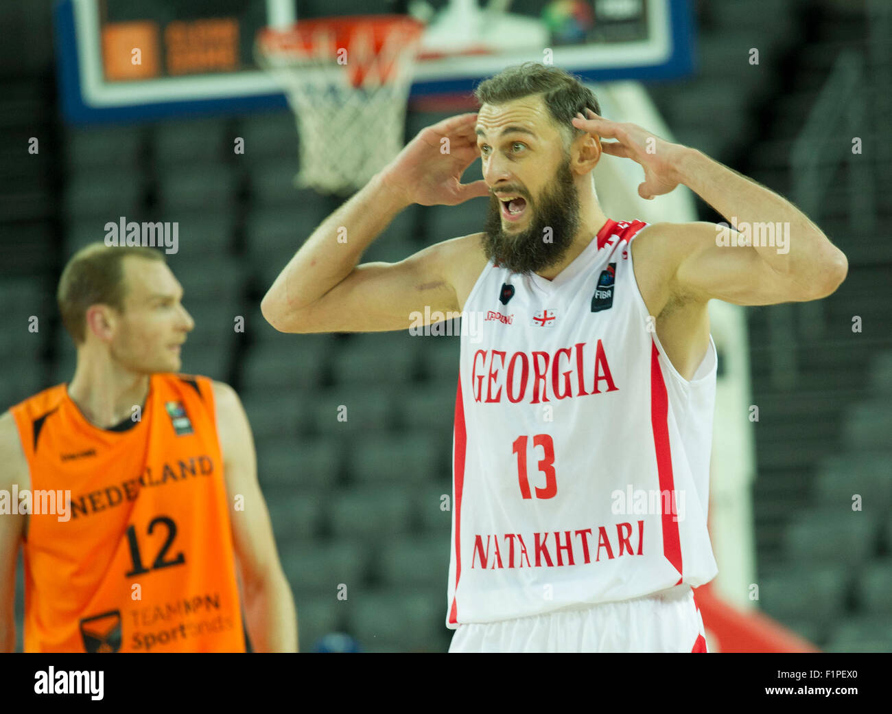 Zagreb, Croatia. 5th Sep, 2015. Viktor Sanikidze (R) of Georgia reacts during the EuroBasket 2015 Group C match against the Netherlands at Arena Zagreb in Zagreb, capital of Croatia, on Sept. 5, 2015. The Netherlands won 73-72. Credit:  Miso Lisanin/Xinhua/Alamy Live News Stock Photo