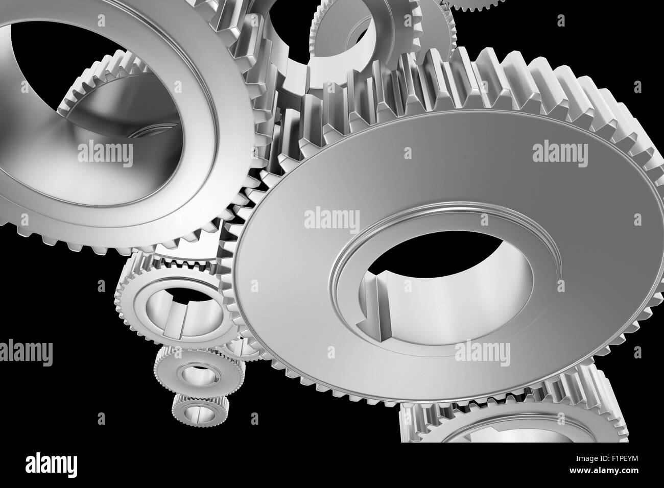 Steel Gears Background. Technology Background with Steel Cogwheels on Solid Black Background. 3D Rendered Illustration. Stock Photo