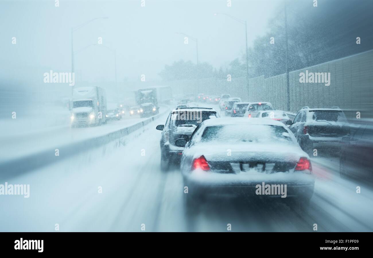 Winter Storm Traffic I 294 Chicago Highway During Snow Storm Heavy