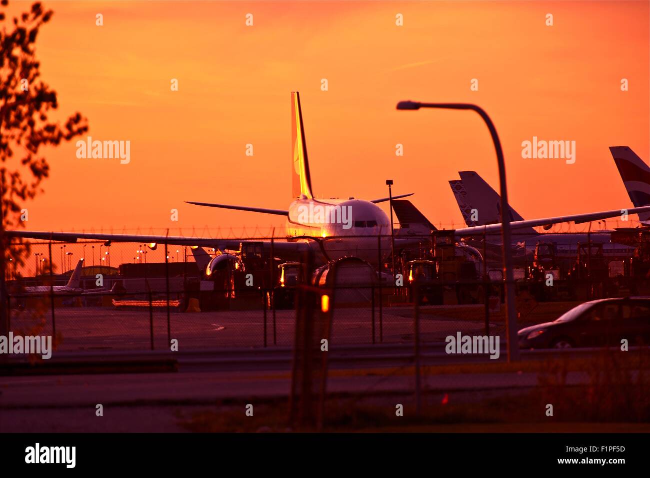 Commercial Airliners in Sunset. O'Hare International Airport, Chicago, Illinois, USA. Aviation Photo Collection. Stock Photo
