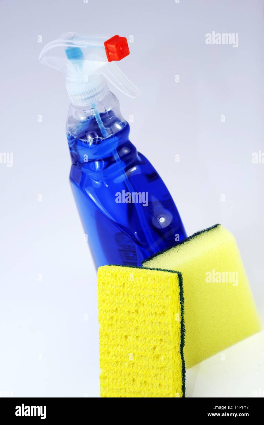 Cleaning Kit - Anti Bacterial Liquid in Spray and Two Sponges Cleaning Kit. Vertical Photo Stock Photo
