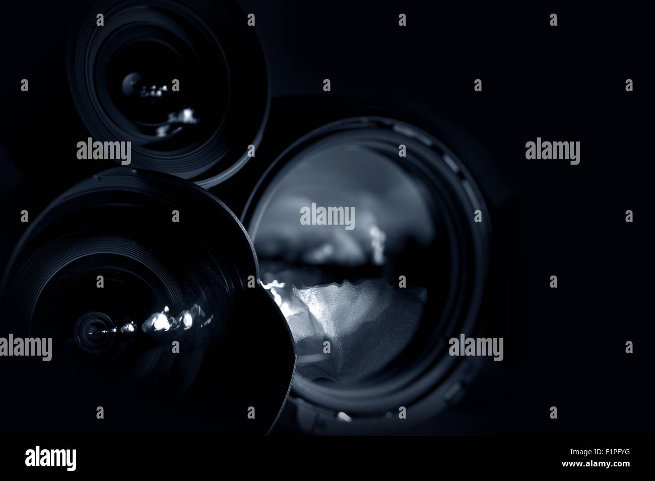 Professional Photography Lenses in the Dark. Horizontal Studio Photo