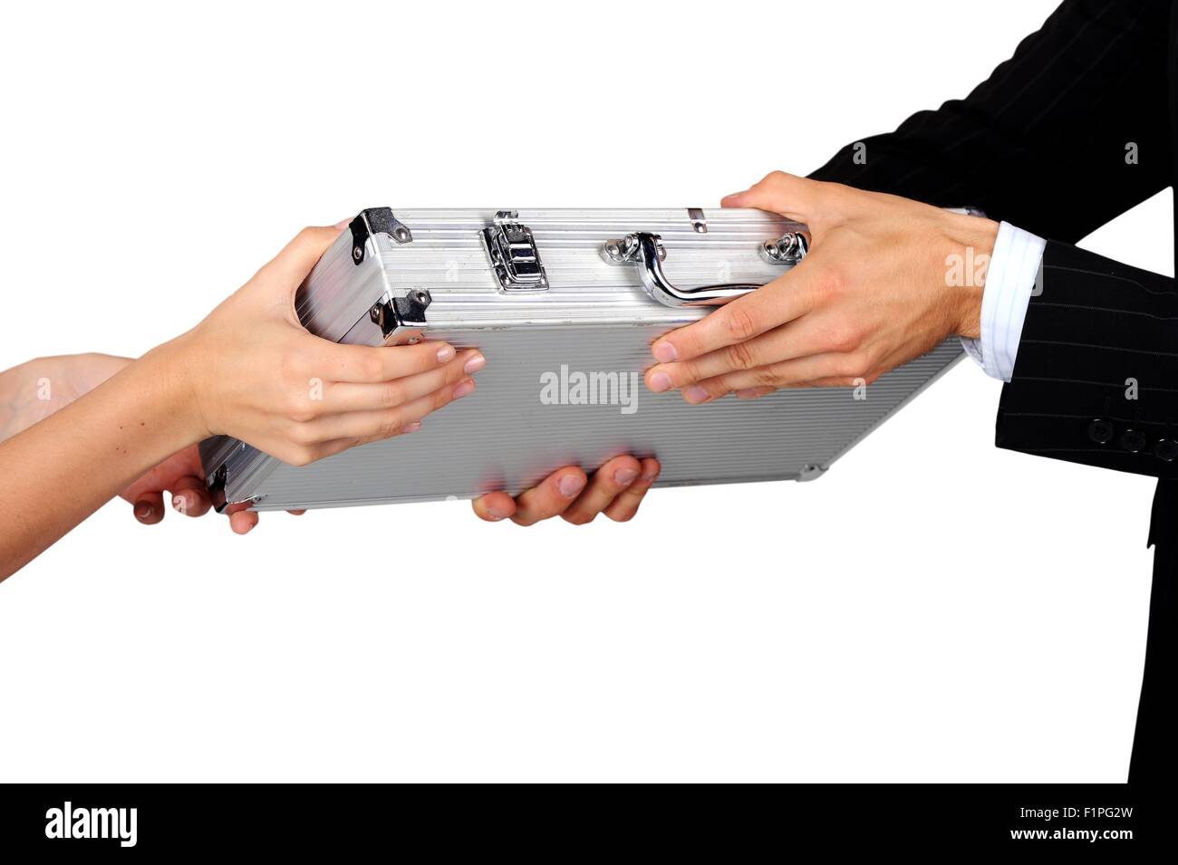 Case Fight. Men and Woman Fight for Silver Case. White Solid Background. Market Share Theme. Stock Photo