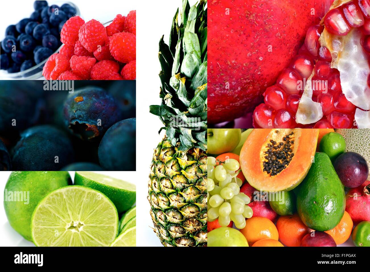Fruits Freshness. Multi-Fruits Mosaic. Blueberries, Raspberries, Pineapple, Limes, Pomegranate, Avocado, Grapes and More! Fruits Stock Photo