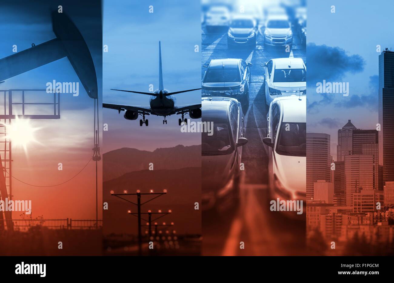 Energy and Transportation In a Strong Global Economy. Rising Energy Consumption. Concept Photo Collage. Stock Photo