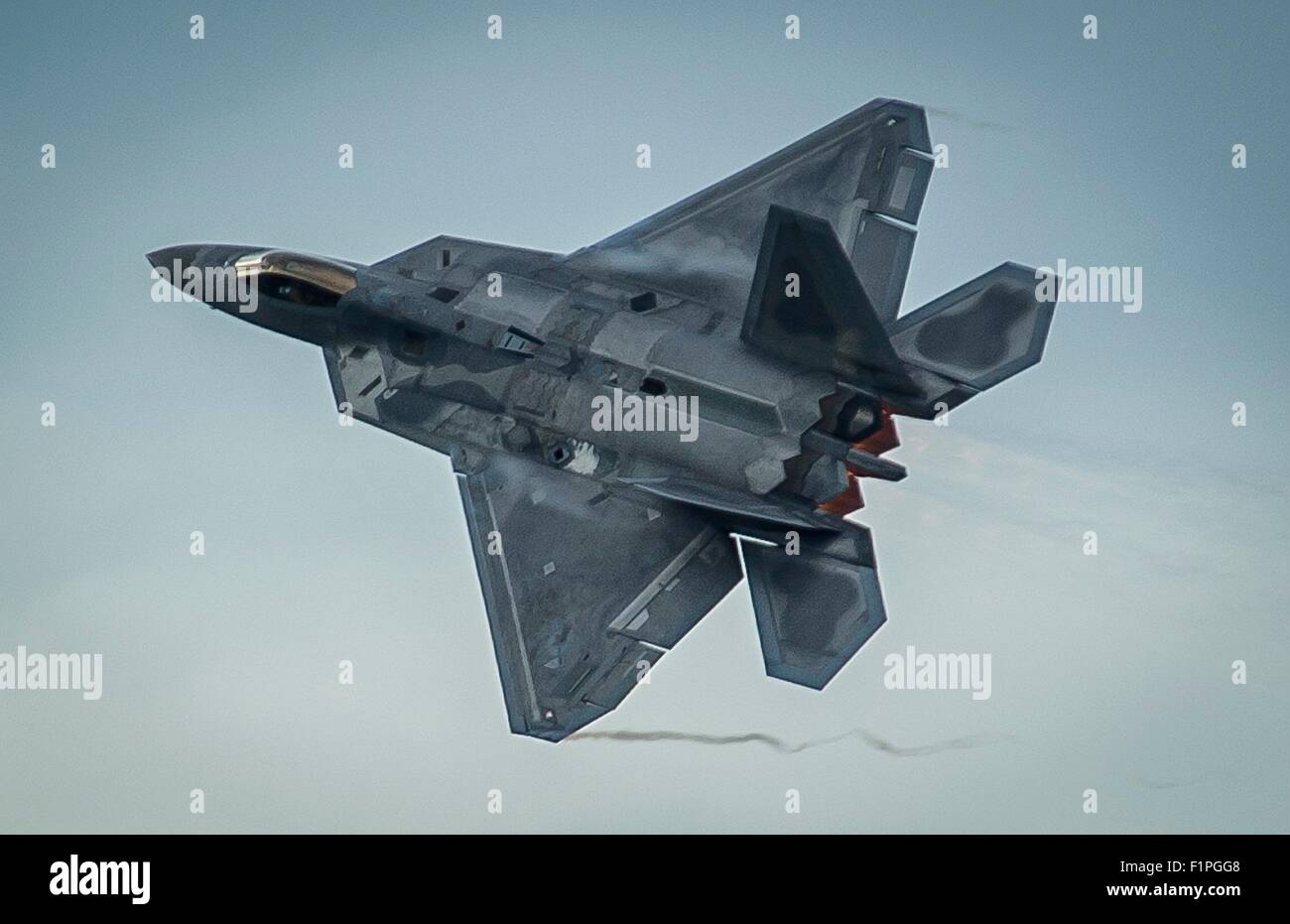 A U.S. Air Force F-22 Raptor stealth fighter aircraft takes off from Amari Air Base after a brief forward deployment in support of NATO partners in Europe September 4, 2015 in Harjumaa, Estonia. Stock Photo