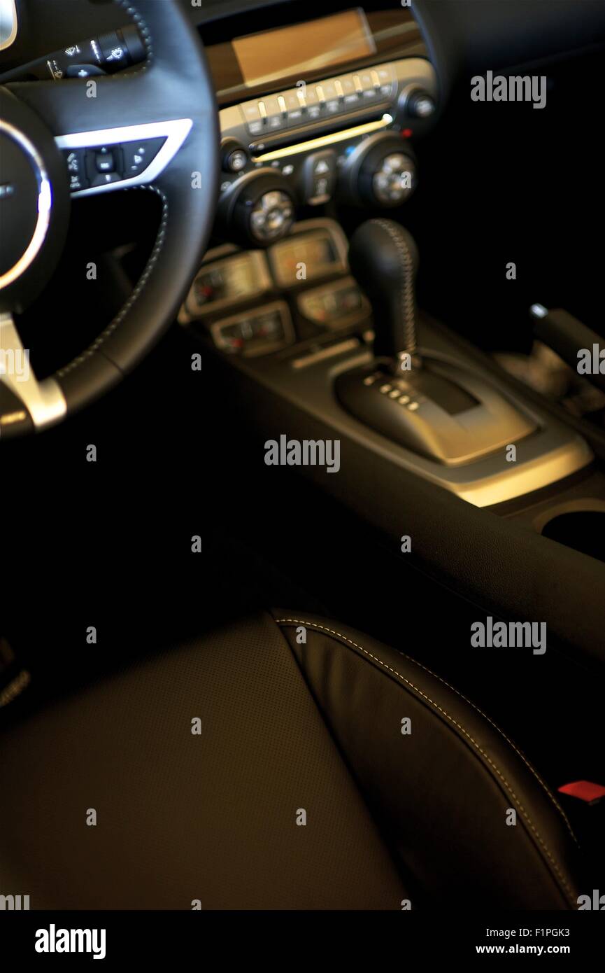Sporty Car Interior. Dark Leather Interior. Transportation Photo