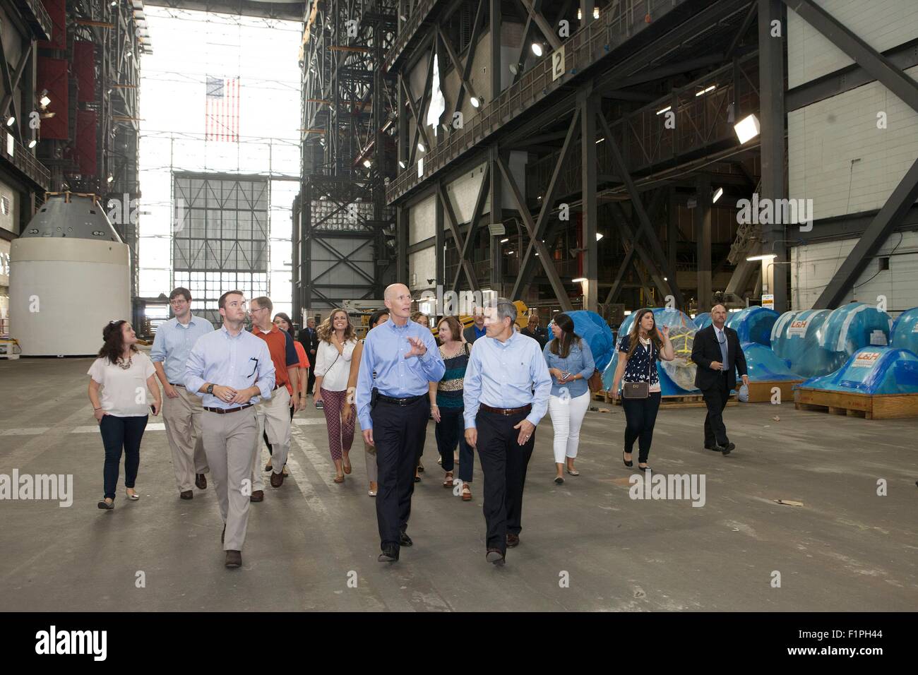 Kennedy Space Center Director Bob Cabana, right, takes Florida Governor Rick Scott on a tour of the Vehicle Assembly Building September 4, 2015 in Cape Canaveral, Florida. Scott visited the spaceport to attend the grand opening of The Boeing Company's Commercial Crew and Cargo Processing Facility. Stock Photo
