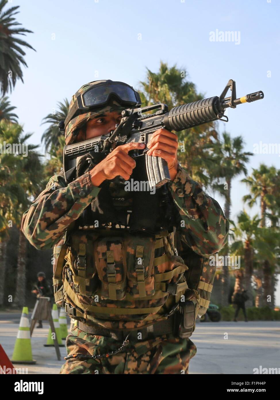 A Marine with Zodiac Battalion, Mexican Naval Infantry Forces during amphibious landing training part of Exercise Dawn Blitz at Marine Corps Base Camp Pendleton September 5, 2015 in San Deigo, California.  The exercise include Japan, Mexico and New Zealand to strengthen operations in joint amphibious operations. Stock Photo
