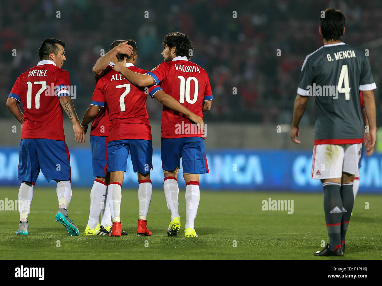 Santiago, Chile. 5th Sep, 2015. Image provided by Chile's National Professional Soccer Association (ANFP) shows Chile's Gary Medel (1st L), Alexis Sanchez (2nd L) and Jorge Valdivia (3rd L) celebrating during a friendly match with Paraguay at the National Stadium in Santiago, Chile, on Sept. 5, 2015. Chile won the match. Credit:  ANFP/Xinhua/Alamy Live News Stock Photo