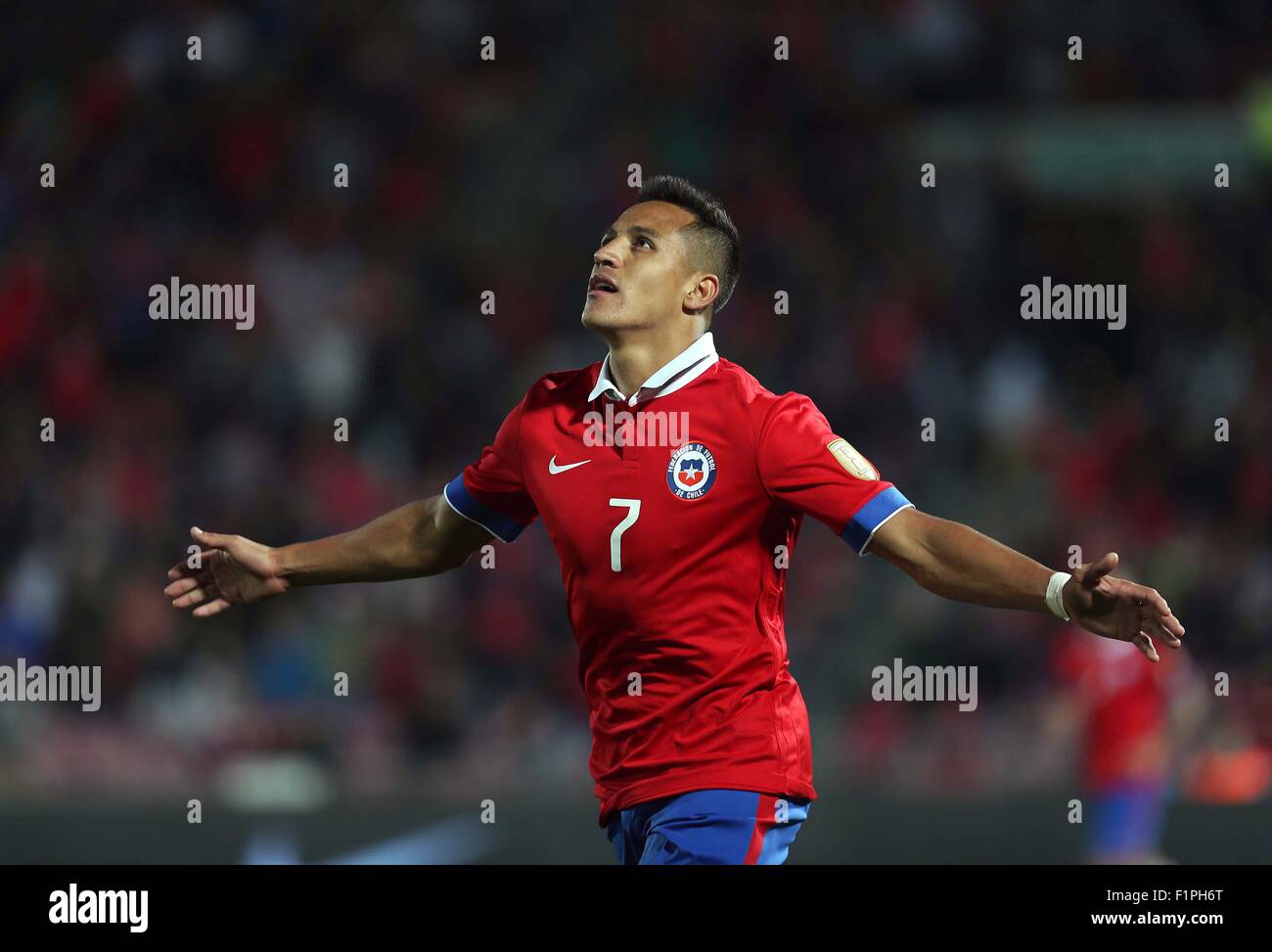 Santiago, Chile. 5th Sep, 2015. Image provided by Chile's National Professional Soccer Association (ANFP) shows Chile's Gary Medel celebrating during a friendly match with Paraguay at the National Stadium in Santiago, Chile, on Sept. 5, 2015. Chile won the match. Credit:  ANFP/Xinhua/Alamy Live News Stock Photo
