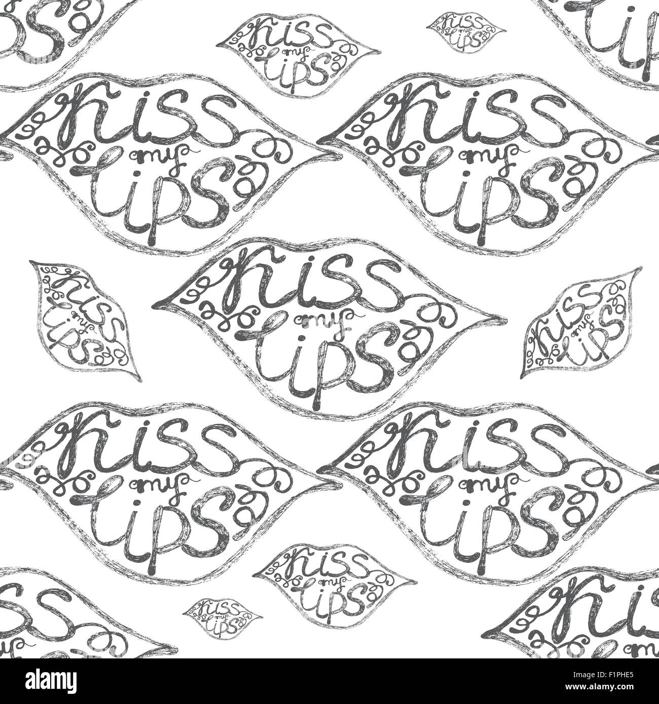 Vector hand drawn seamless pattern with lips and kiss my lips text. Stock Vector