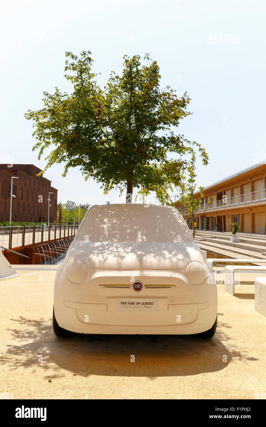 Milan, Italy, 12 August 2015: Detail of the fiberglass Fiat 500 C at the exhibition Expo 2015 Italy. Stock Photo