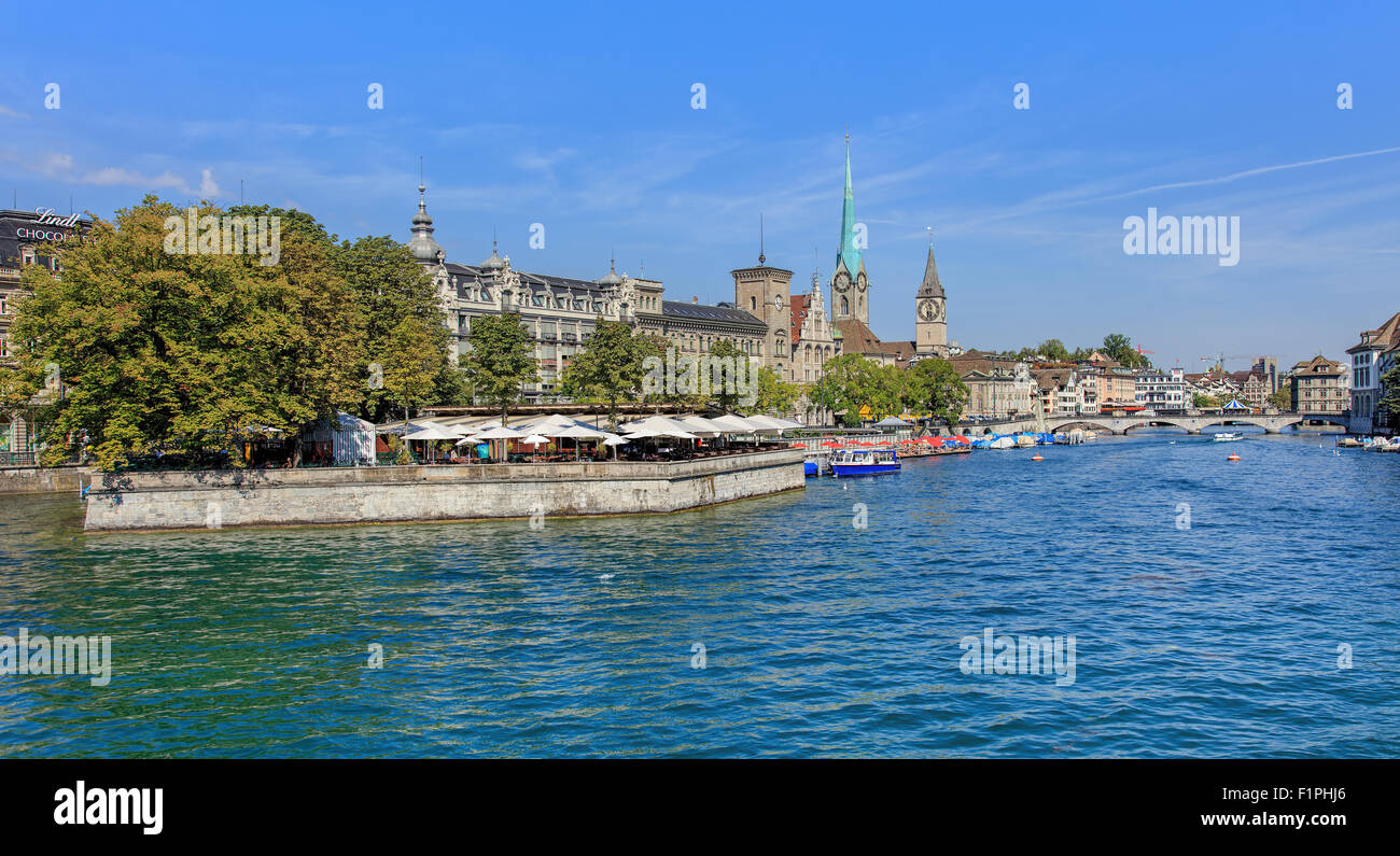 Zurich, Switzerland - 31 August, 2015: view along the Limmat river. Zurich is the largest city in Switzerland and the capital of Stock Photo