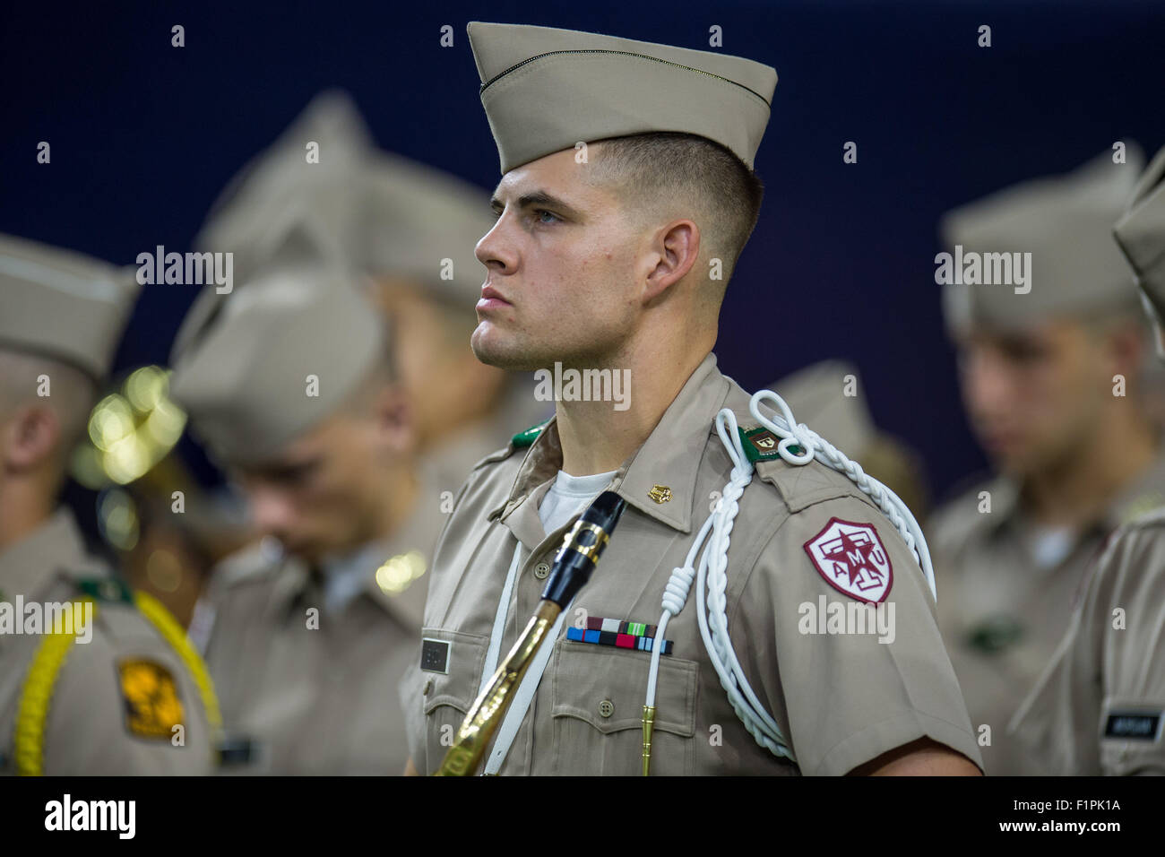 September 5, 2015 A Texas A&M Aggies band member stands behind the end