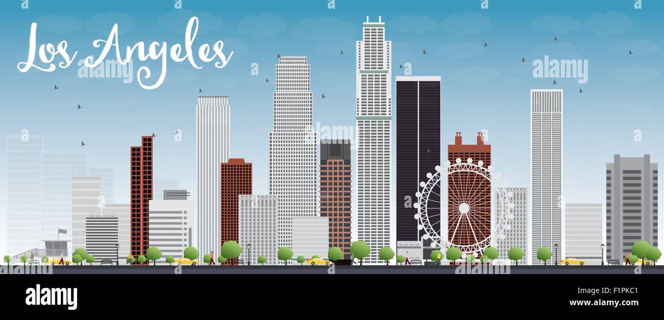 Los Angeles Skyline with Grey Buildings and Blue Sky. Vector Illustration Stock Vector