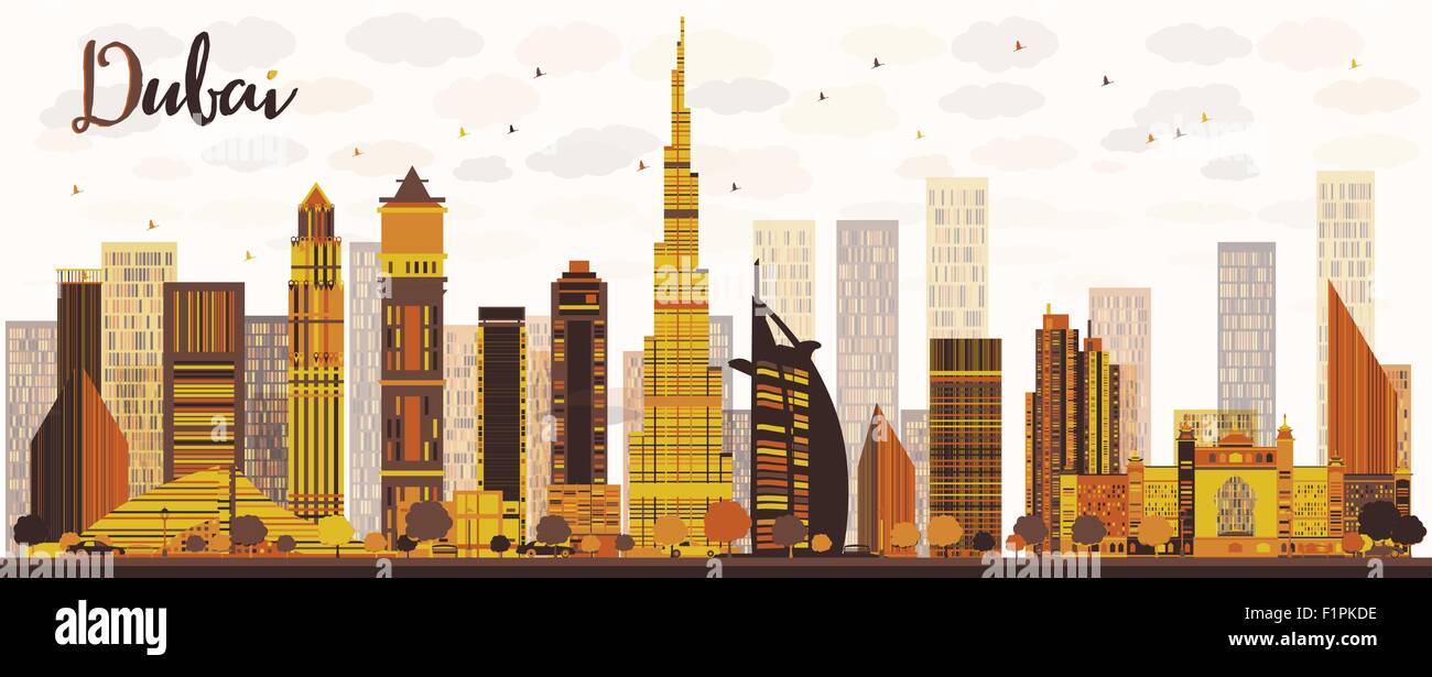 Dubai City skyline with golden skyscrapers. Vector illustration Stock Vector