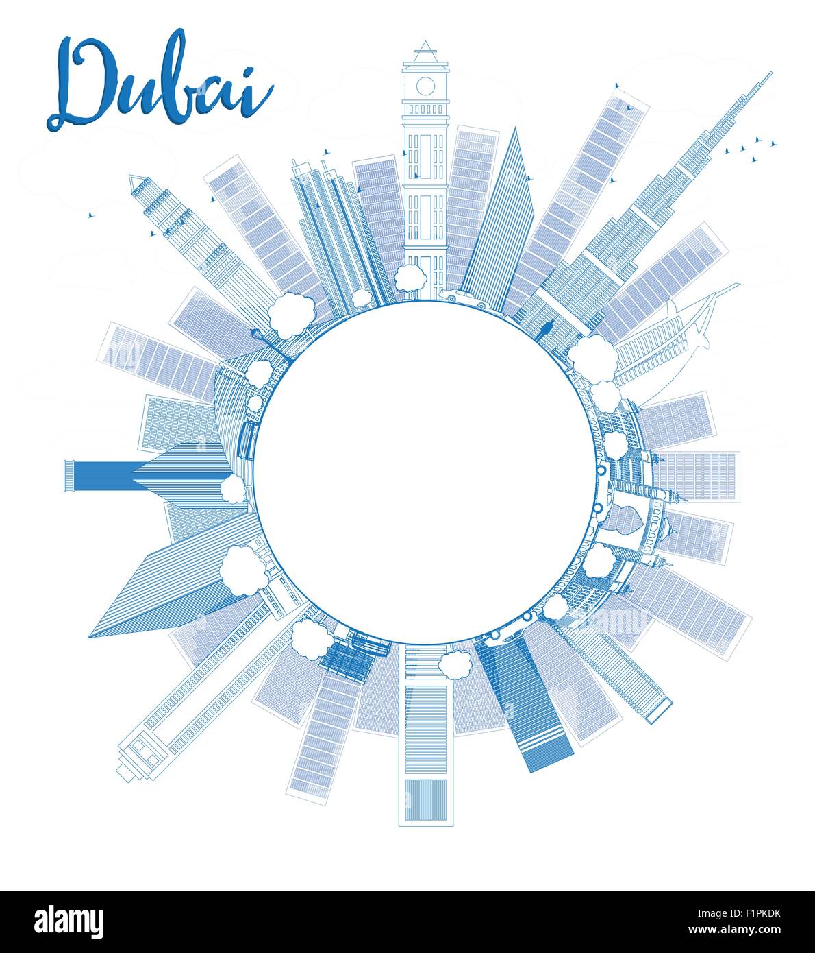 Outline Dubai City skyline with blue skyscrapers and copy space. Vector illustration Stock Vector