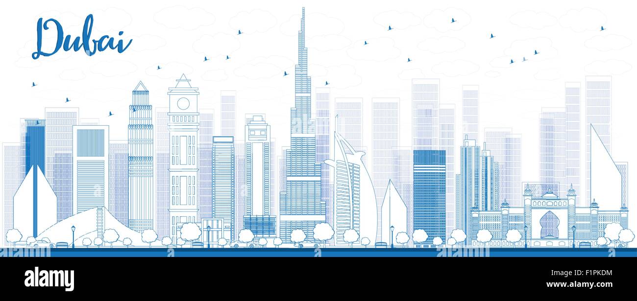 Outline Dubai City skyline with blue skyscrapers. Vector illustration Stock Vector