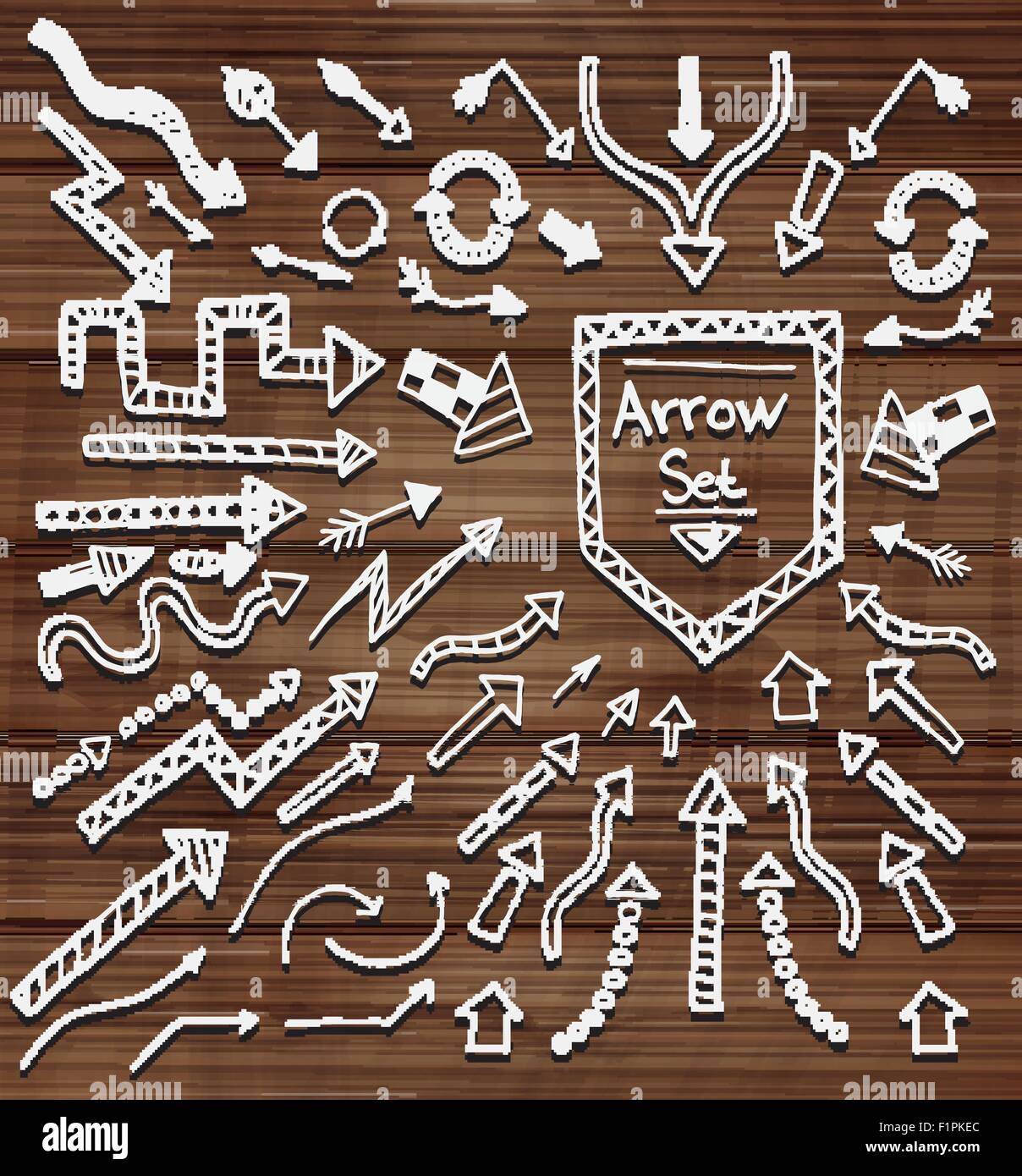 Hand drawn arrow icons set on wooden texture. Vector Illustration Stock Vector