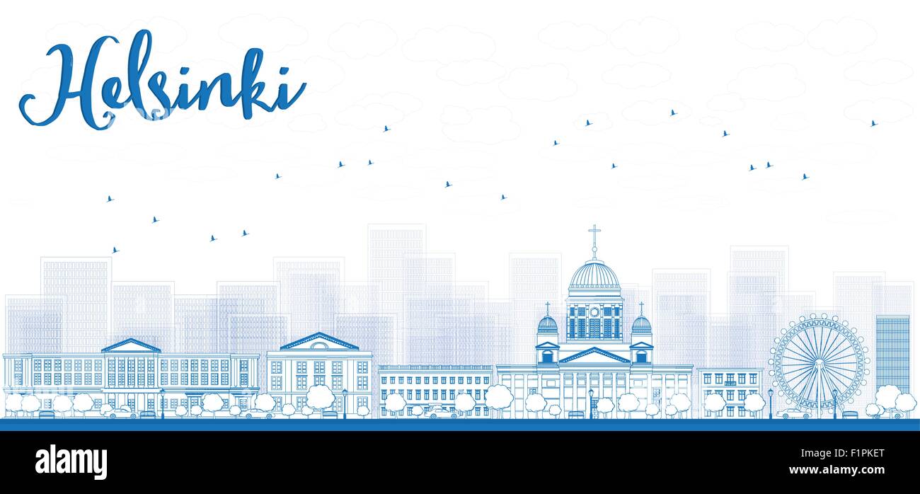 Outline Panorama of Old Town in Helsinki, Finland. Vector Illustration Stock Vector