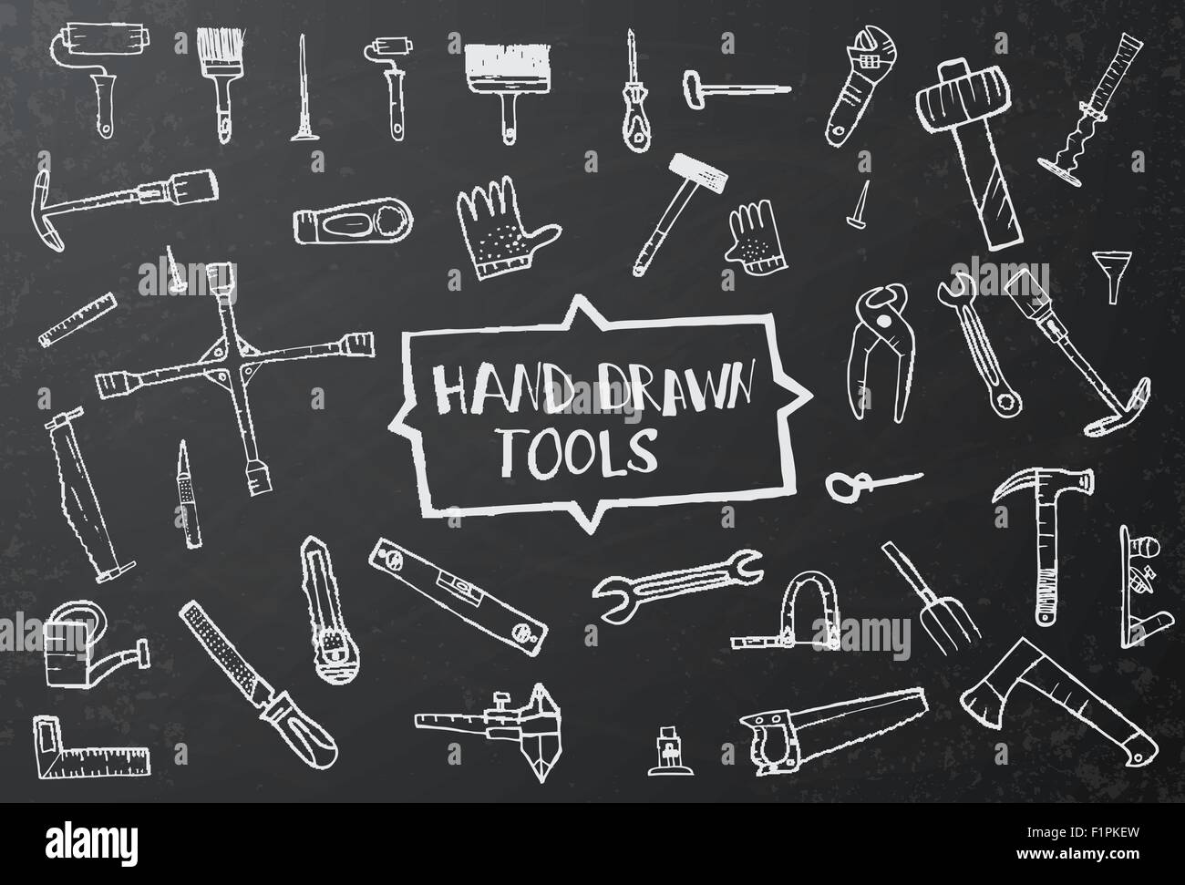 Hand drawn tool icons set on black chalk board. Vector illustration Stock Vector