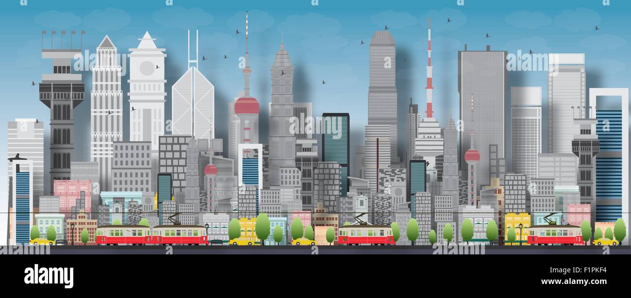 Big city with skyscrapers and small houses. Vector flat illustration Stock Vector