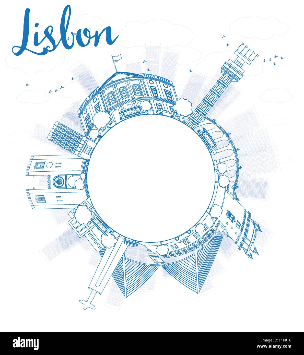 Outline Lisbon city skyline with blue buildings and copy space. Vector illustration Stock Vector