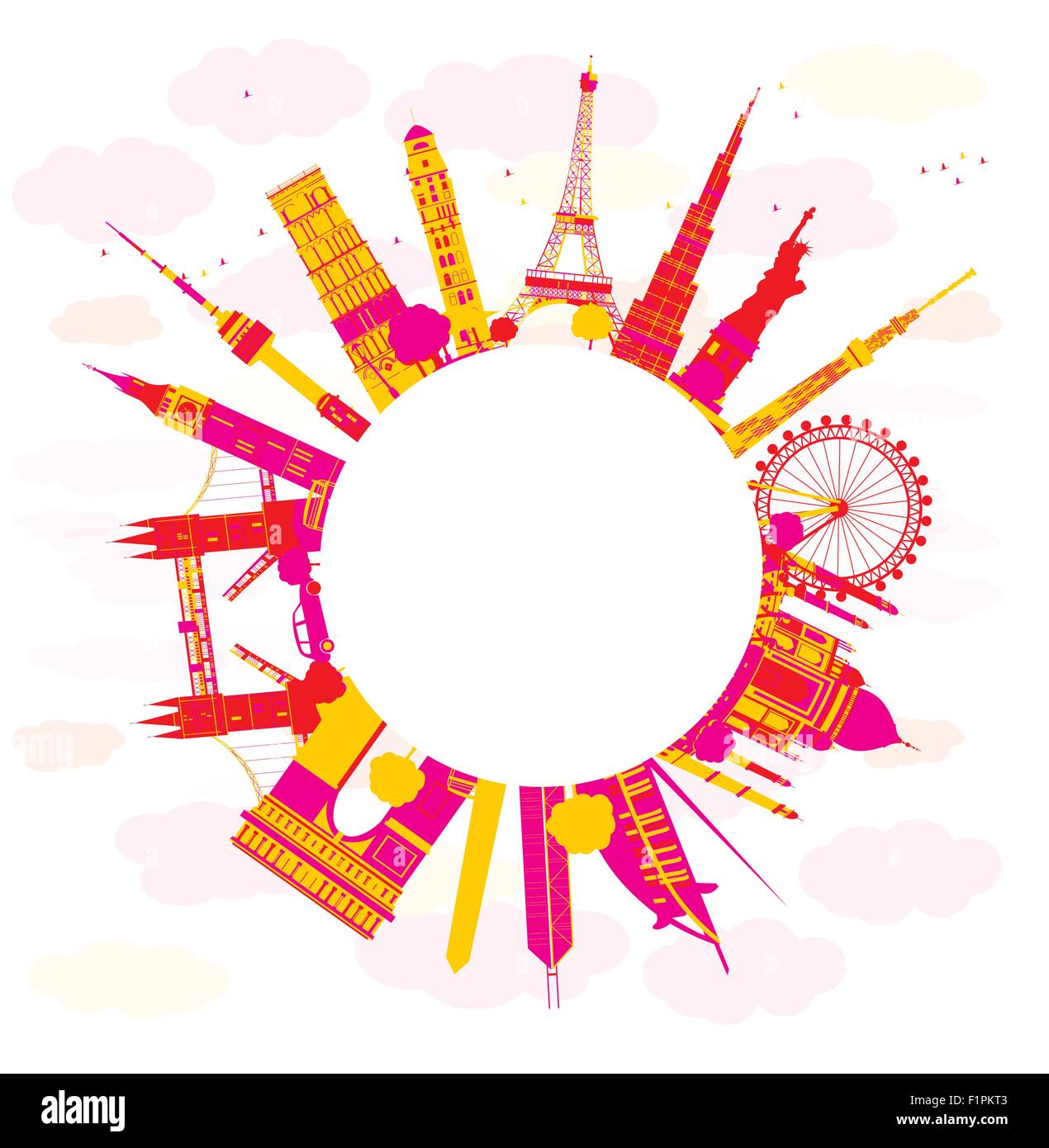 Bright Travel concept around the world with famous international landmarks. Vector illustration Stock Vector