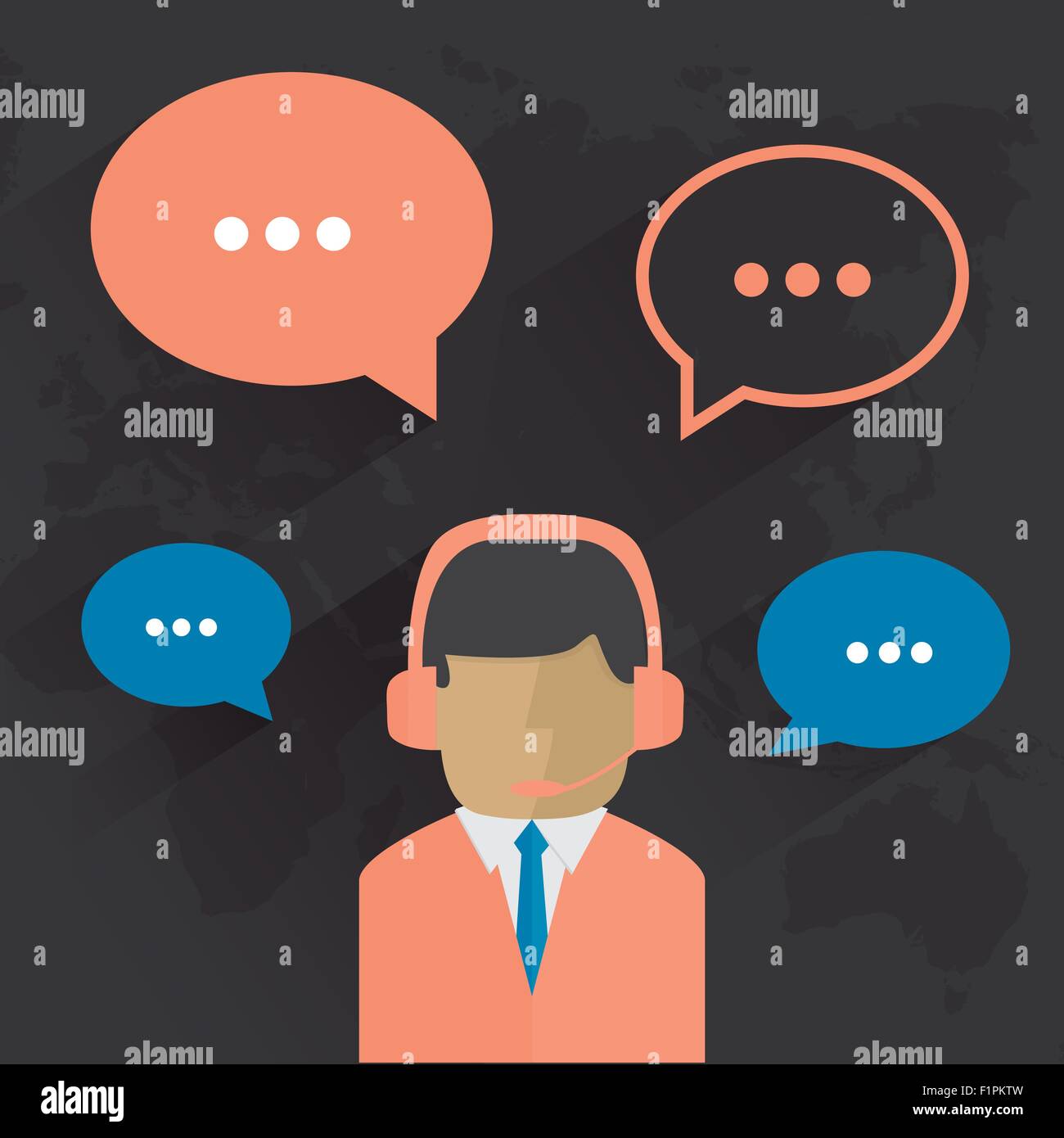 Male call center avatar. Man wearing headsets with colorful speech bubbles conceptual of client services and communication Stock Vector