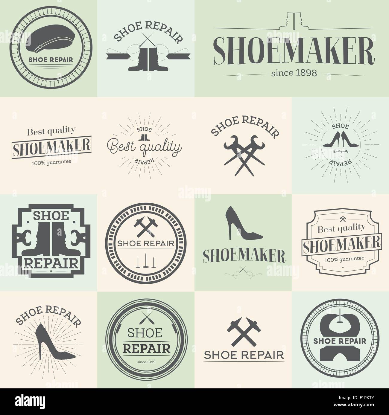 Set of vintage shoes repair and shoemaker labels, emblems and designed elements Vector illustration Stock Vector