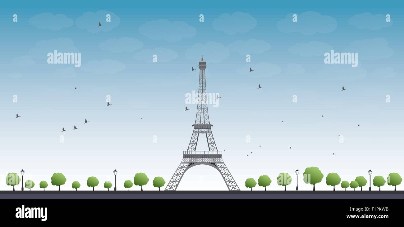 Vector illustration of Eiffel Tower with Blue Sky and Tree Stock Vector
