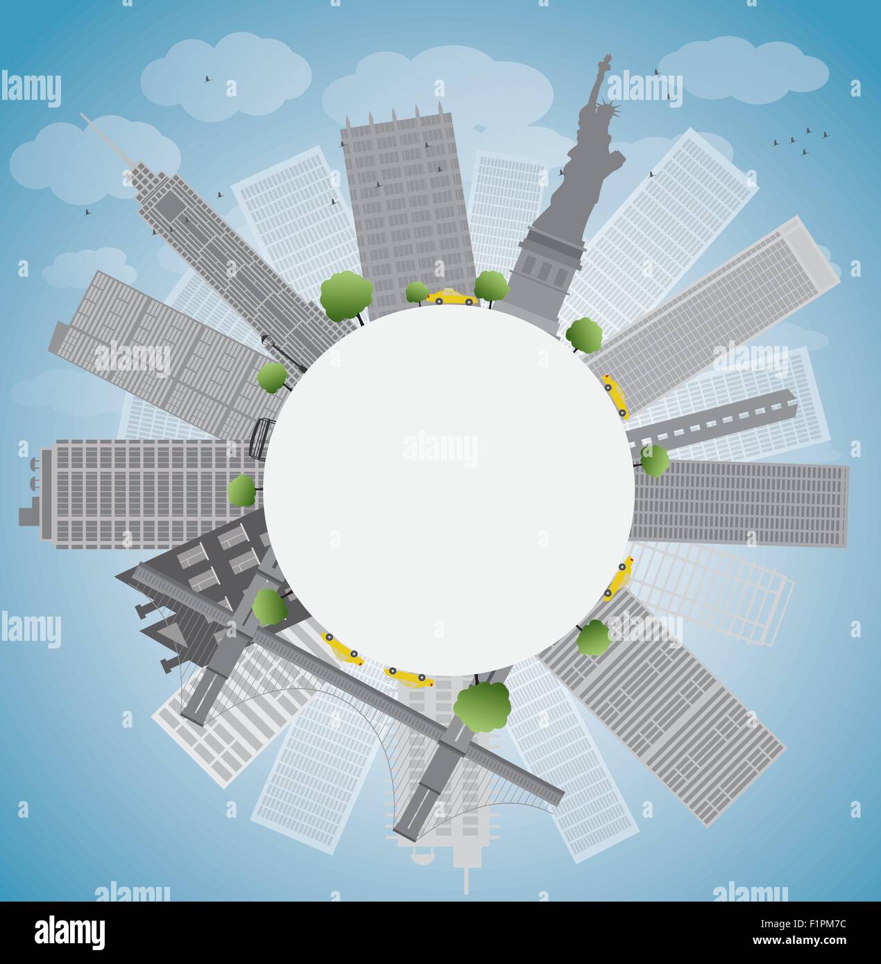 New York city skyline with blue sky, clouds and yellow taxi Stock Vector