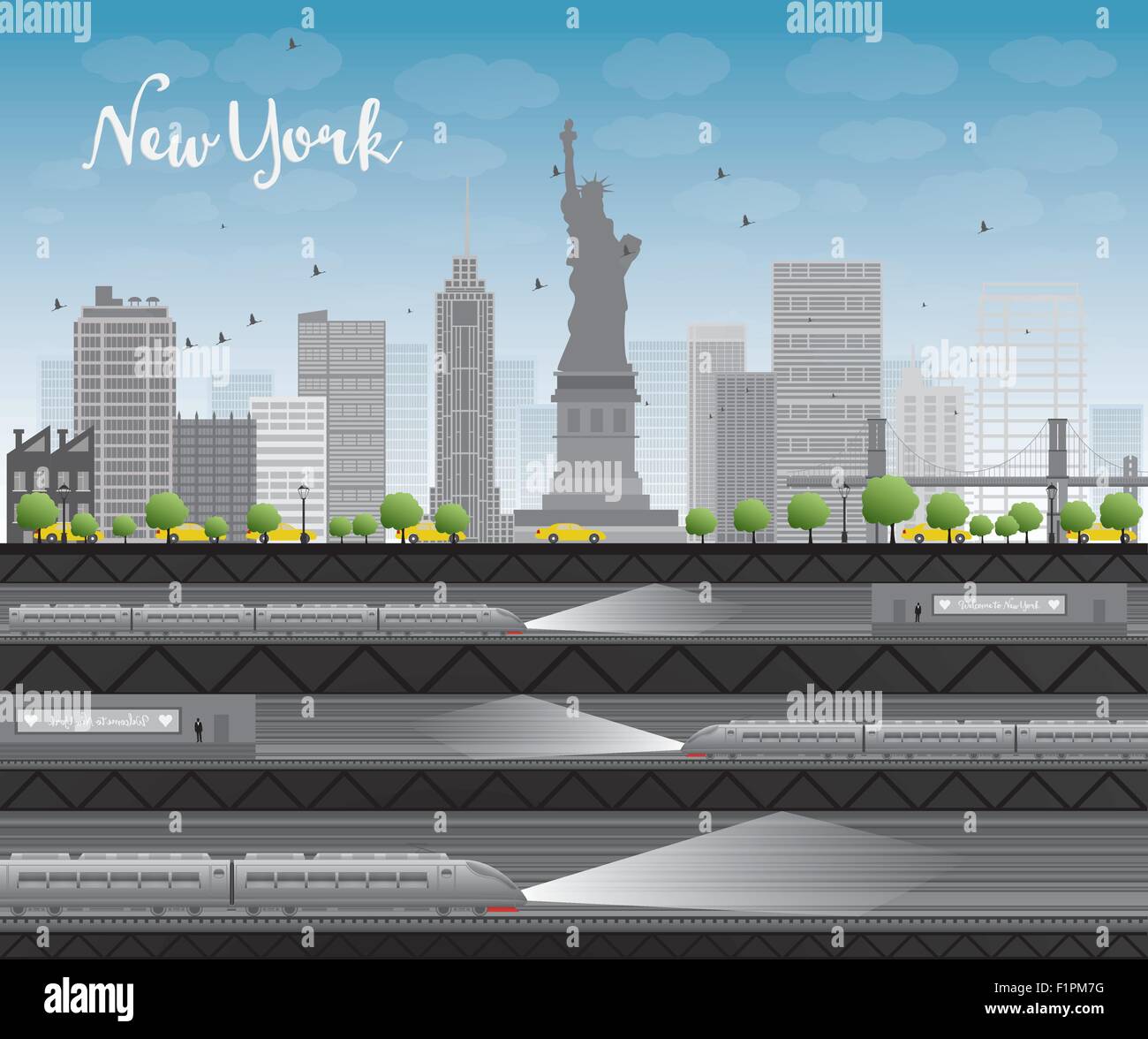 New York city skyline with blue sky, clouds, yellow taxi and train ...
