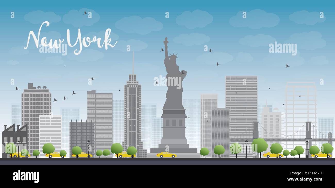 New York city skyline with blue sky, clouds and yellow taxi Stock Vector