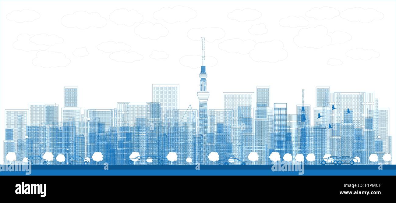 Outline Tokyo skyline with skyscrapers Vector illustration Stock Vector