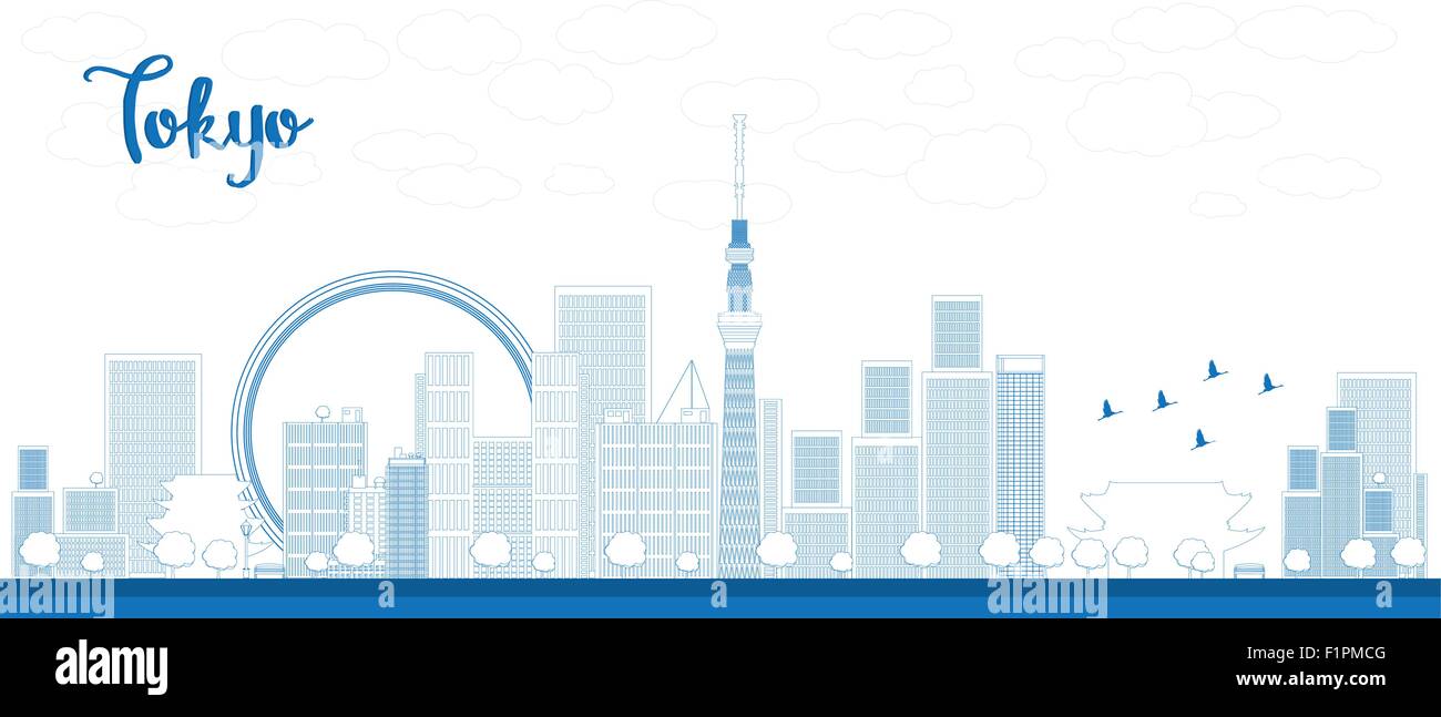 Outline Tokyo skyline with skyscrapers and sun Vector illustration Stock Vector