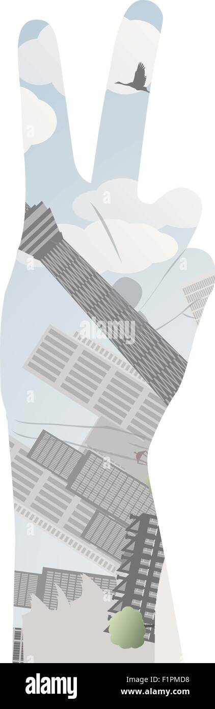 Vector illustration eps10 of a hand with victory sign Double exposure Stock Vector