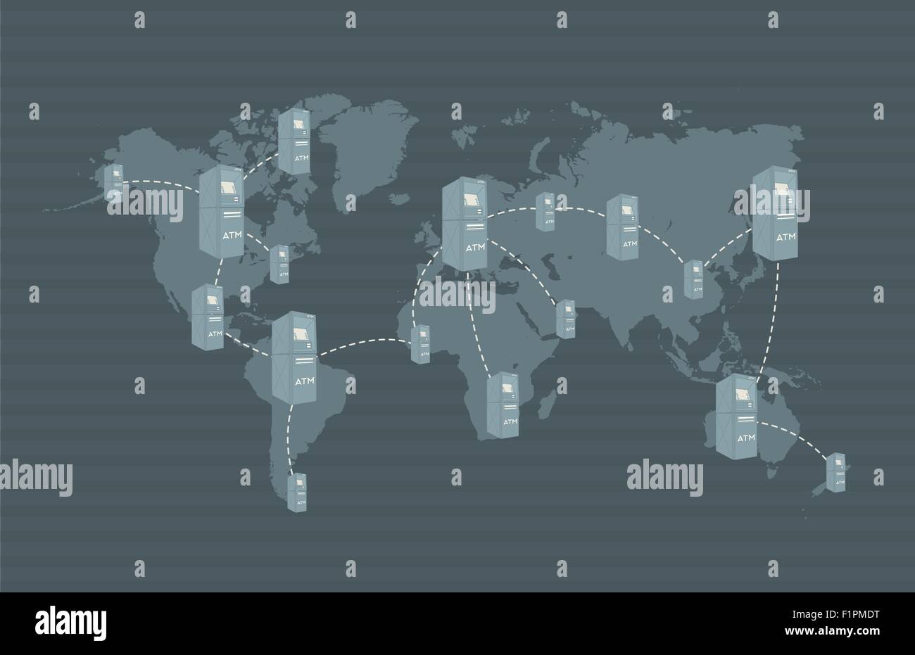 ATM network on world map Concept is showing that you can use your credit/debit card all over the world Stock Vector