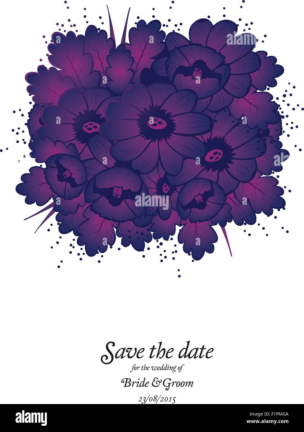 Wedding invitation card with purple flowers Vector illustration Stock ...