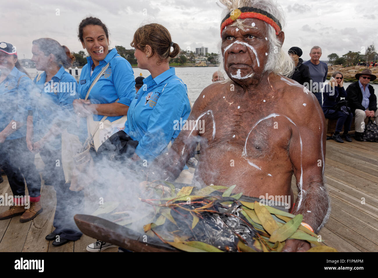 Sydney, Australia. 6th September, 2015. An Australian aboriginal performs a smoking ceremony